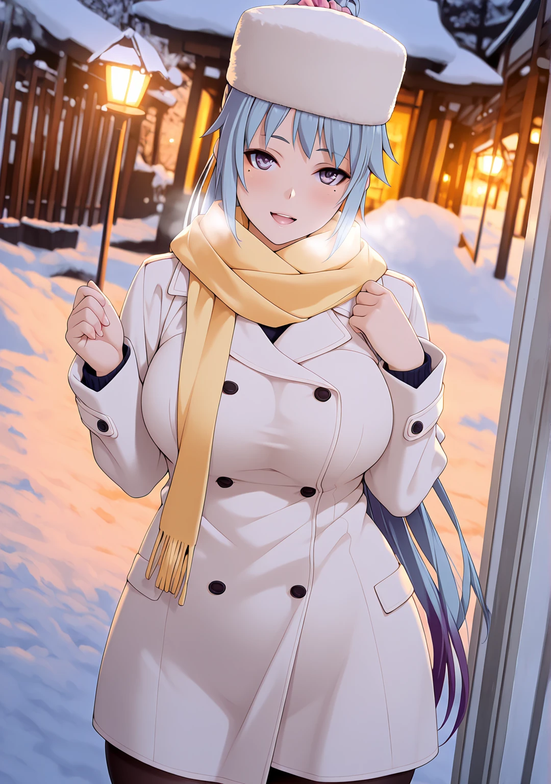 L_Cation2, (zonda_(solid_air)-style:1.2), (luxu-style), anime coloring, ((Cinematic, unreal engine, eye-catching, ambient occlusion, UHD, masterpiece)), ((perfect lighting, dim lighting)), comic, score_9, score_8_up, score_7_up, score_6_up, score_5_up, score_4_up, uncensored, detailed background, vignetting, high quality, absurdres, best quality, very aesthetic, newest, digital art, trending on ArtStation, ((anatomical correct)), perfect body, perfect eyes, perfect fingers, gasping, heavy breathing, gasping profusely, ((skindentation)), ((curvy)), high ponytail, long hair, multicolored hair, light blue hair, purple hair, purple eyes, mole under eye, hair scrunchie, pink scrunchie, plump, 1girl, scarf, solo, hat, smile, coat, chromatic_aberration, blush, breasts, facing_viewer, white_coat, pantyhose, winter_clothes, long_sleeves, yellow_scarf, outdoors, buttons, blurry, hands_up, fur_hat, blurry_background, white_headwear, open_mouth, cold, breeze
