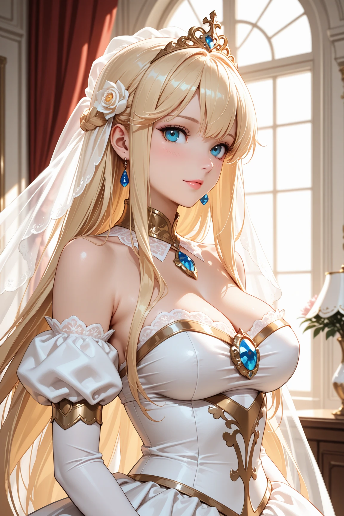 breasts, jewelry, rating:safe, long_hair, cleavage, earrings, blonde_hair, bare_shoulders, large_breasts, hat, dress, looking_at_viewer, 1girl, necklace, blue_eyes, veil, bangs, strapless, strapless_dress, cross, smile, indoors, very_long_hair, black_headwear, solo, collarbone, parted_lips, white_dress, mole_under_eye, choker, brown_hair, upper_body, eyebrows_visible_through_hair, hair_ornament, multiple_girls, gold, blush, artist_name, sitting, off_shoulder, gem