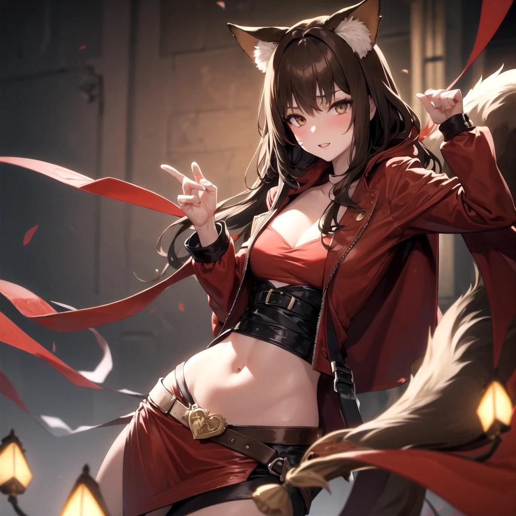 (((((???))))),、1 girl, raccoon girl, animal ears, long hair, raccoon ears, solo, gloves, smile, tail, brown hair, bangs, raccoon tail, look at me, brown gloves, armor, red eyes, thighs, thigh shoes, belt, long sleeves, red ribbon, closed mouth, top of chest, boots, ribbon, cowboy lenses, (Dynamic Pose, Very detailed and beautiful girl, intricate-detail, Beautiful detailed girl, Game CG, Highly detailed body, delicate and intricate hair, realistic and detailed face, Highly detailed eyes and face, Intricate details are beautiful and delicate eyes, Delicate arm and hands, Human Hands, Real skin texture, Exquisite fabric, plein air, Indoor , beautiful and clear background, absurdity, High-precision details, Highly detailed CG Unity 8K, Ultra-detailed)