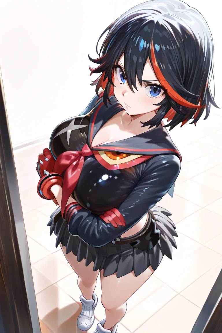 A sexy magic girl, solo, mature female , (red eyes, black hair), short hair, long bangs, pink lips, detailed face, cute art, anime art, seductive girl, good body shape, (demon girl), oni horns, ((magic girl costume)), lewdy, (ero), sexy girl, (lewd expression), curvy, hot, pink costume, red costume, golden details, grabbin her own ass, (grab ass), (((Student cosplay)))