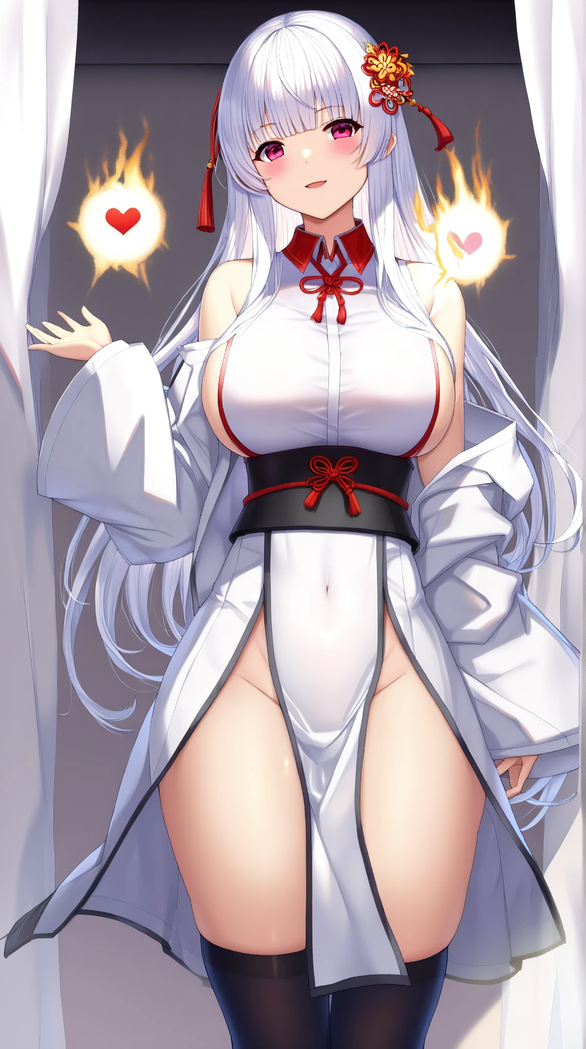 a woman，long white hair，Red eyes，long legs，Extra short slit skirt，Nipple protrusion，black stockings，，Twenties，White shirt，exposed，black high heels，huge breasts，超级huge breasts，Standing with legs apart