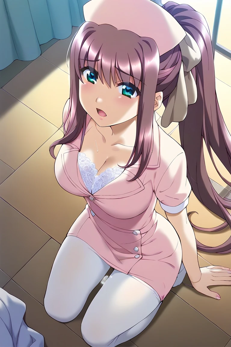 1girl, alone,hahari hanazono, long hair, bangs, (green eyes:1.2), pink hair, flower, hair flower, smile, green eyes,dress, cleavage, jewelry, necklace, white dress, indoors, bed, looking at viewer, (masterpiece:1.2), best quality, high resolution, unity 8k wallpaper, (illustration:0.8), (beautiful detailed eyes:1.6), extremely detailed face, perfect lighting, extremely detailed CG, (perfect hands, perfect anatomy),large breasts, medium waist, wide hips, medium thighs