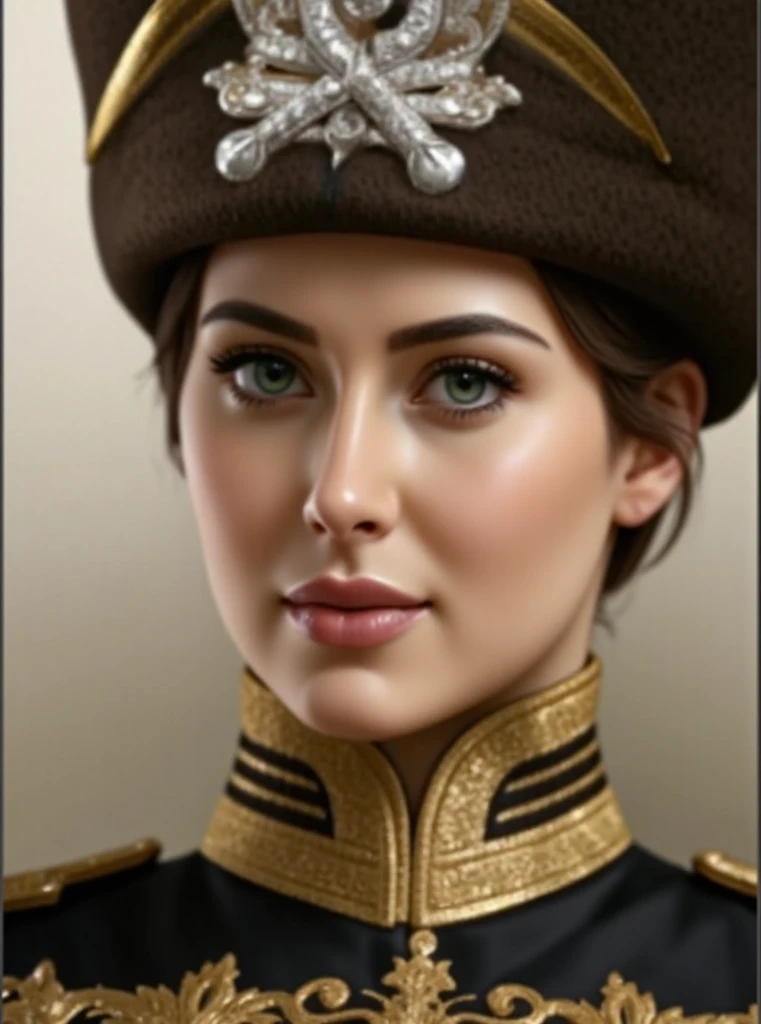 Best quality, masterpiece, (realism: 1.2), 1 girl, brown hair, brown eyes, frontal, detailed face, beautiful eyes, Russian beauty, officer, military uniform, temperament, rank uniform
