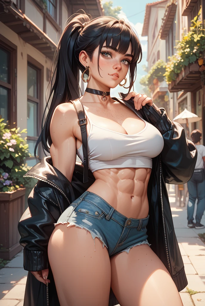 black hair, very long hair, yellow eyes, thick thighs, huge breasts, ((muscular)), pale skin, ripped jeans, bikini top, toned body, 1 girl