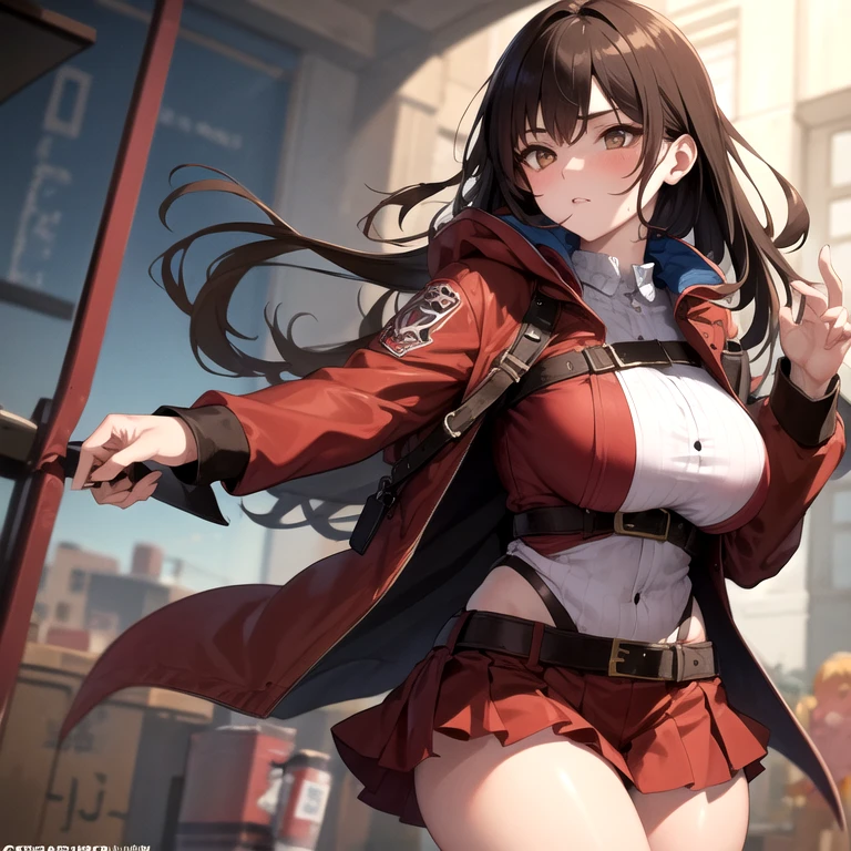 masterpiece, best quality, 1girl, superhero, leotard, bare legs, knee boots, matching boots, heroic, city backdrop, standing, body infused with energy, light particles, solo, single, cowboy shot, perfect anatomy, hand on hip, brown hair, beautiful detailed eyes, belt