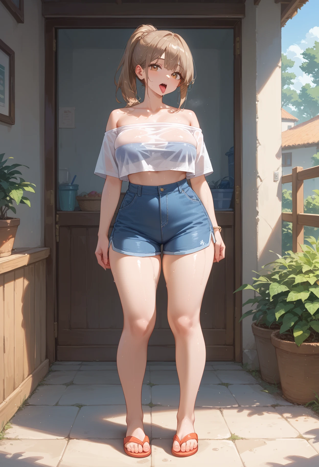 Nerd girl with confident and humble appearance. wearing a low-cut, transparent white t-shirt with her belly exposed and tight, skin-tight shorts. Her body is perfect, her breasts are large and proportionate to her body, her shapely legs and her buttocks are large and on display. Colored curly hair with a natural fit. vibrant golden eyes environment of a humble house in Brazil pose and in ultra quality 3D format