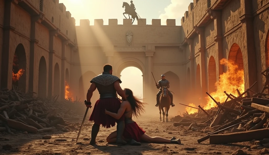 Realism, super quality, action battle photo style, defeated woman standing on her knees, boy is holding the the tip of the sword against woman's throat, stabbing her throat, her head is thrown back, woman has large masculine Adam's apple, (woman is a 30-year-old warrior, feminine face, gothic makeup, pale skin, long hair) (boy is 12-years-old) roman empire fight