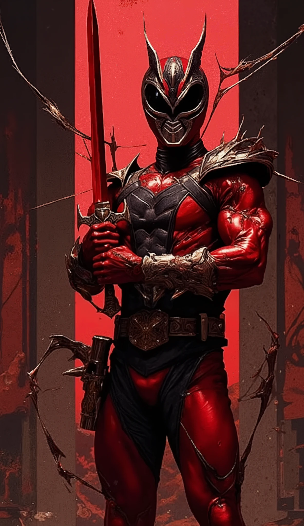 (Red Power Ranger), wields his red clasic sword, epic position with sword by his body poiting up, background is a old forgotten dojo with cobwebs and lots of dust, horror like theme, dark theme Ranger with red/black colors, blood thirst, the ranger is bad, brocken visor, serial killer, psychopath, Bodybuilder, blood on him, dirty, manacing,