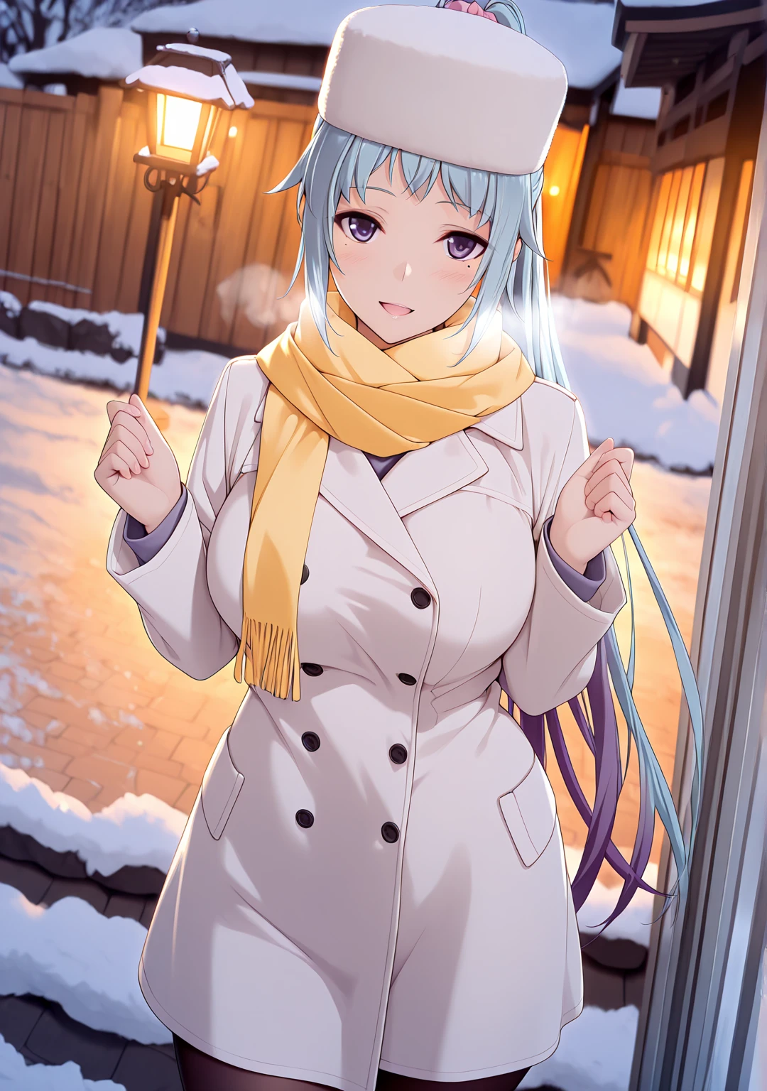 L_Cation2, (lun7732-style:1.2), (luxu-style), anime coloring, ((Cinematic, unreal engine, eye-catching, ambient occlusion, UHD, masterpiece)), ((perfect lighting, dim lighting)), comic, score_9, score_8_up, score_7_up, score_6_up, score_5_up, score_4_up, uncensored, detailed background, vignetting, high quality, absurdres, best quality, very aesthetic, newest, digital art, trending on ArtStation, ((anatomical correct)), perfect body, perfect eyes, perfect fingers, gasping, heavy breathing, gasping profusely, ((skindentation)), ((curvy)), high ponytail, long hair, multicolored hair, light blue hair, purple hair, purple eyes, mole under eye, hair scrunchie, pink scrunchie, plump, 1girl, scarf, solo, hat, smile, coat, chromatic_aberration, blush, breasts, facing_viewer, white_coat, pantyhose, winter_clothes, long_sleeves, yellow_scarf, outdoors, buttons, blurry, hands_up, fur_hat, blurry_background, white_headwear, open_mouth, cold, breeze 