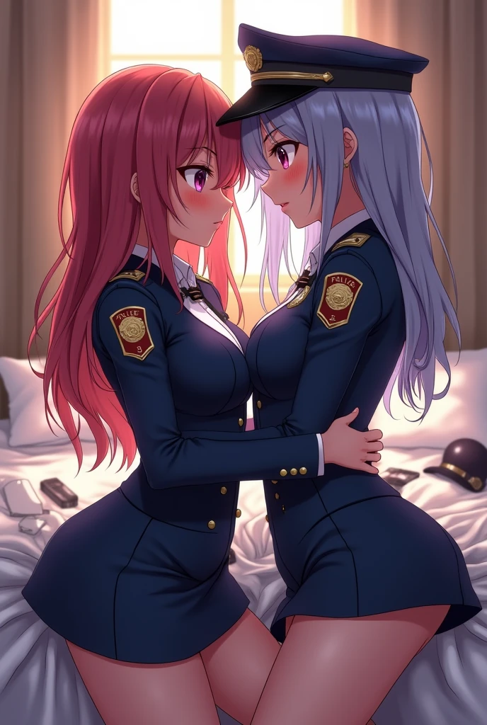 (best quality, masterpiece:1.2), 
Two beautiful girls in cute uniforms are hugging each other facing front, 
Their breasts are large, 