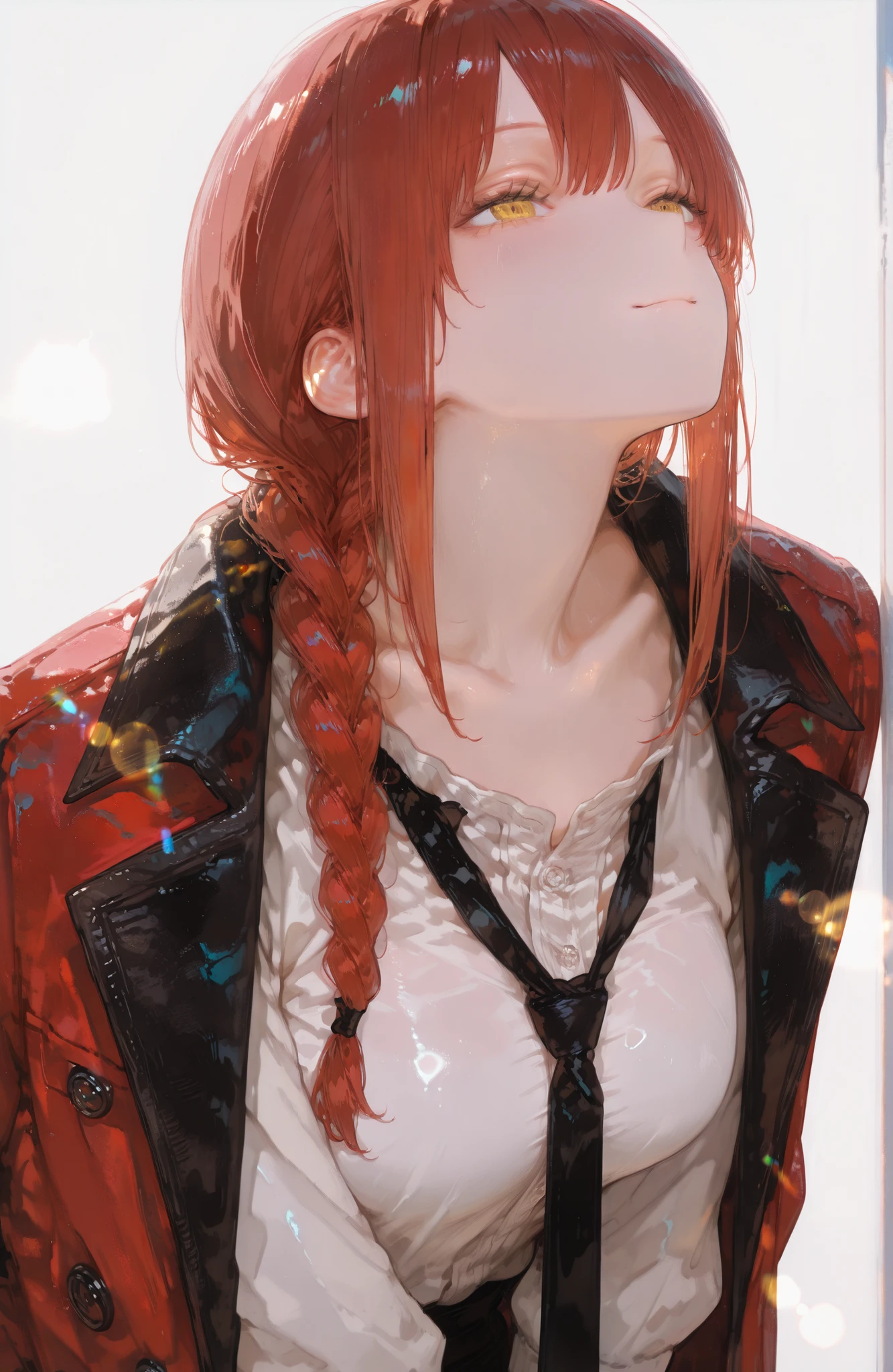1Girl, Solo, Braided hair on one side, yellow eyes, masterpiece, accurate, High detail , High Quality , High definition, half pack, big chest, illustration , white shirt, black tie, Edit background, white background, Very Detailed Details , modern style clothes, light, beautiful face, masterpiece portrait, 매우 beautiful face, red hair , Scattered black coats, Chainsaw Man(Makima), Standing, leaning forward, accentuated breasts, delicate shirt wrinkles, sexy, looking up, top view, smiling, closed mouth, Looking At Viewer, tilting head, face, head, upper body, simple background, white background, dynamic, dynamic composition,beautiful sunlight, beautiful lighting, lens flare, light leak, Touching illustrations, touching, emotional, like a scene from a movie,beautiful art, beautiful illustrations, best art, beautiful art, amazing art, amazing illustrations, masterpiece,best quality,amazing quality,very aesthetic,absurdres,newest,