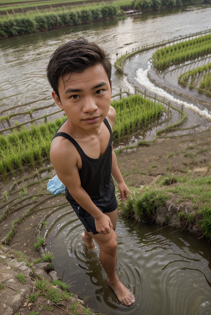 An Asian man in his 20s, about 185 cm tall, good-looking and well-built.、A man with a penis length of about 18 cm、Please make a picture of a man urinating and excreting with his penis exposed in a sewer pipe on a rural road.。