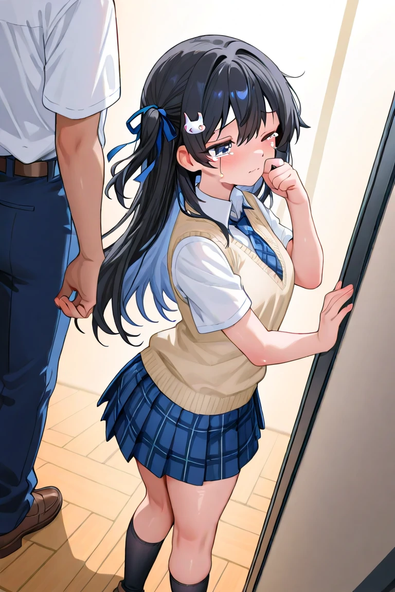 (, Fat middle-aged man:1.2)、Pleated skirt、White shirt、blush、(kiss)、hug、Chamber of Secrets、Very detailed、High resolution、4K、masterpiece、High resolution、(tears:1.8)、(Clothes are see-through:1.2)、(heart:1.3)、(Sex:1.6)、(rape)、(Leaning forward:1.3)、、Black Hair、(Side view)