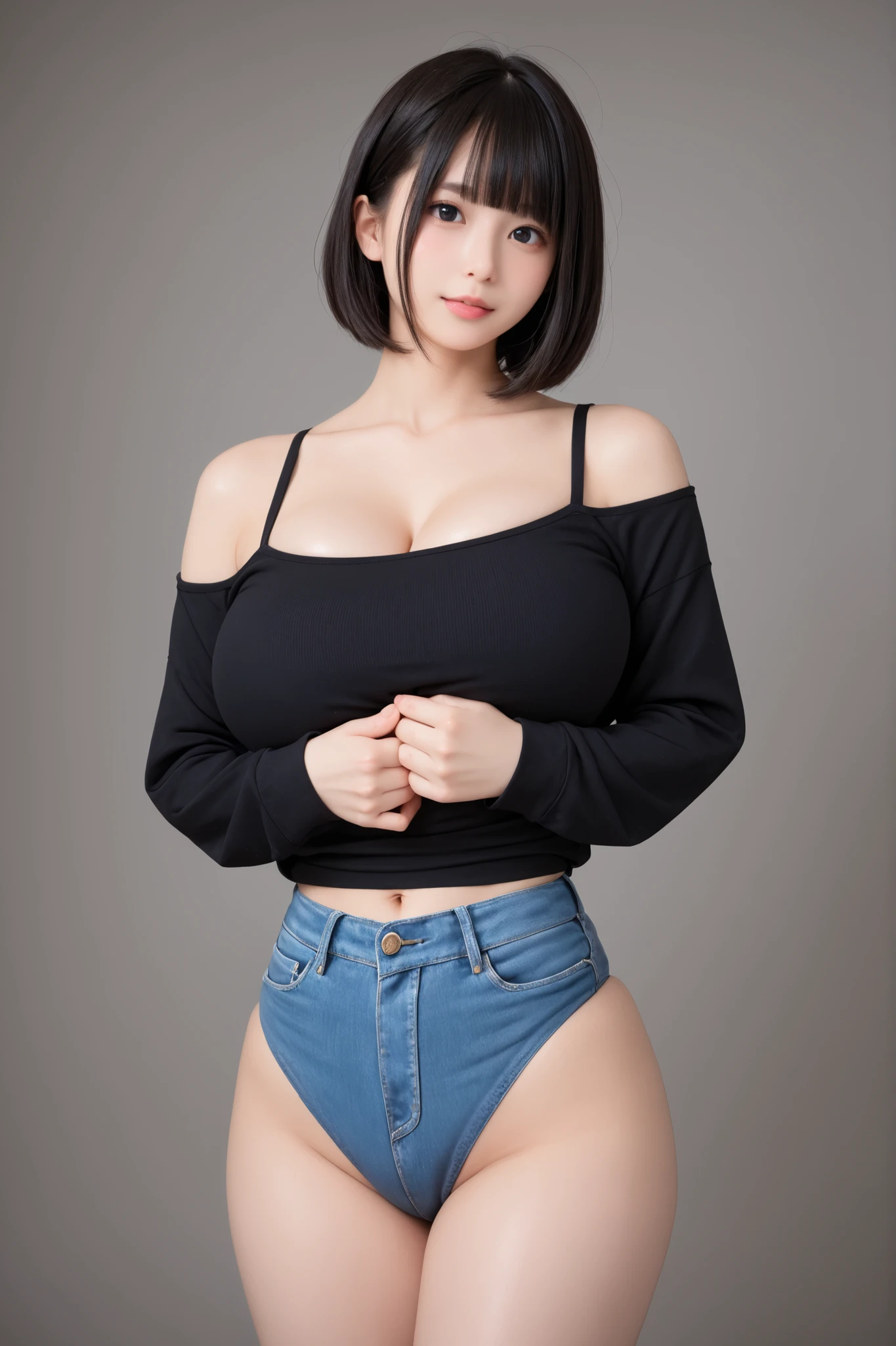 score_9, score_8_up, score_7_up, score_6_up, score_5_up, score_4_up,(1girl,Best Quality,8K,High resolution,realistic pictures:1.2),(cute girls,gravure idol),bob cut,Blunt bangs,thin waist,black hair,black eyes,shiny skin,pale skin,(Denim Thong panty,high leg:1.6),(Black off-shoulder shirt,:1.2),(huge breast,:1.6),(Night timt:1.2),(looking at viewer:1.2),