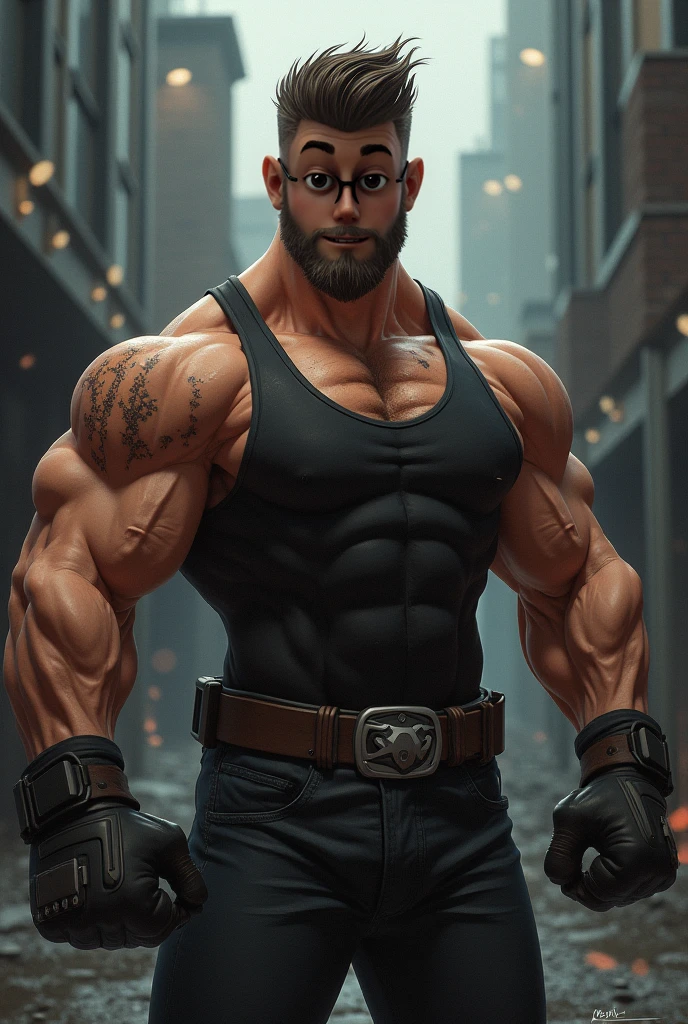 analog style, masterpiece, best quality, highres, realistic, cinematic portrait of Robert Irvine as a smug young handsome extremely muscular superhero bodybuilder with black hair wearing a black leather tank top with leather gloves and rubber pants, background a city, high detail, sharp focus, detailed background, vivid colours, steroids, heartthrob, daddy, powerful chest, smirk