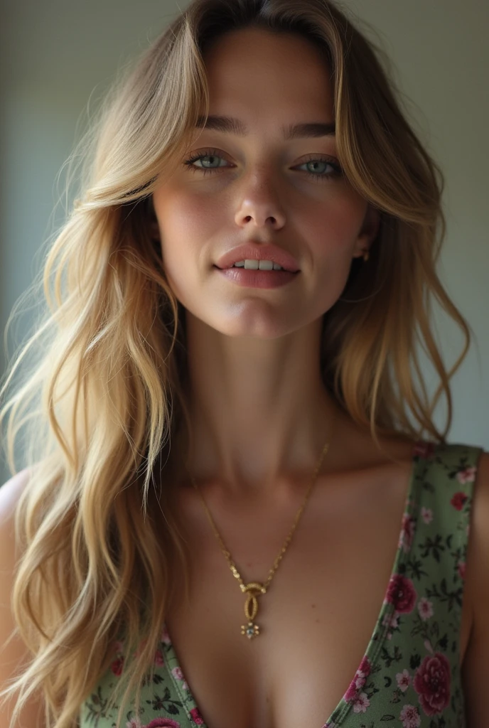 Close-up of a woman with long blonde hair in a tan blouse, Yelena Belova, gold jewelry, gold necklace, Victoria Gavrilenko, gorgeous woman, young beautiful woman, Julia Razumova style