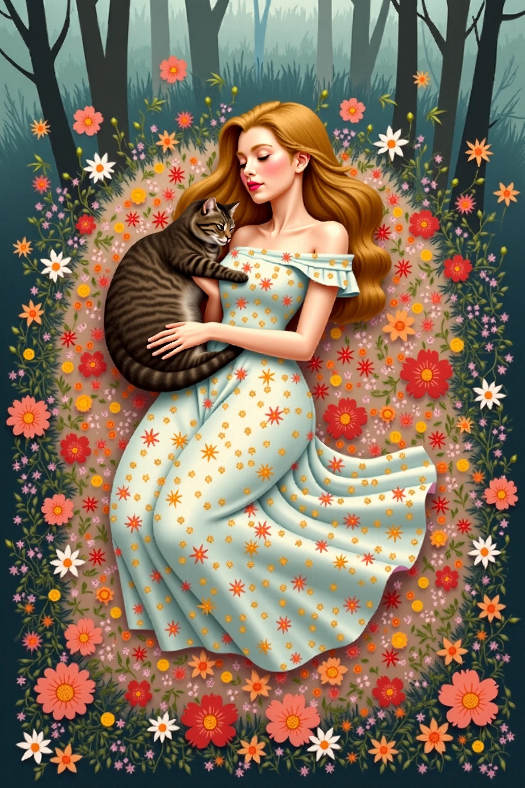 Art style by Albena Vatcheva. A woman with bare breasts and blond hair, with thick eyelashes,rests sprawled on a blanket with intricate geometric patterns. Around her, colorful cats with flower patterns, poppy, clouds of sand and sky, red earth, branches, light brown trees, water, yellow sun.
