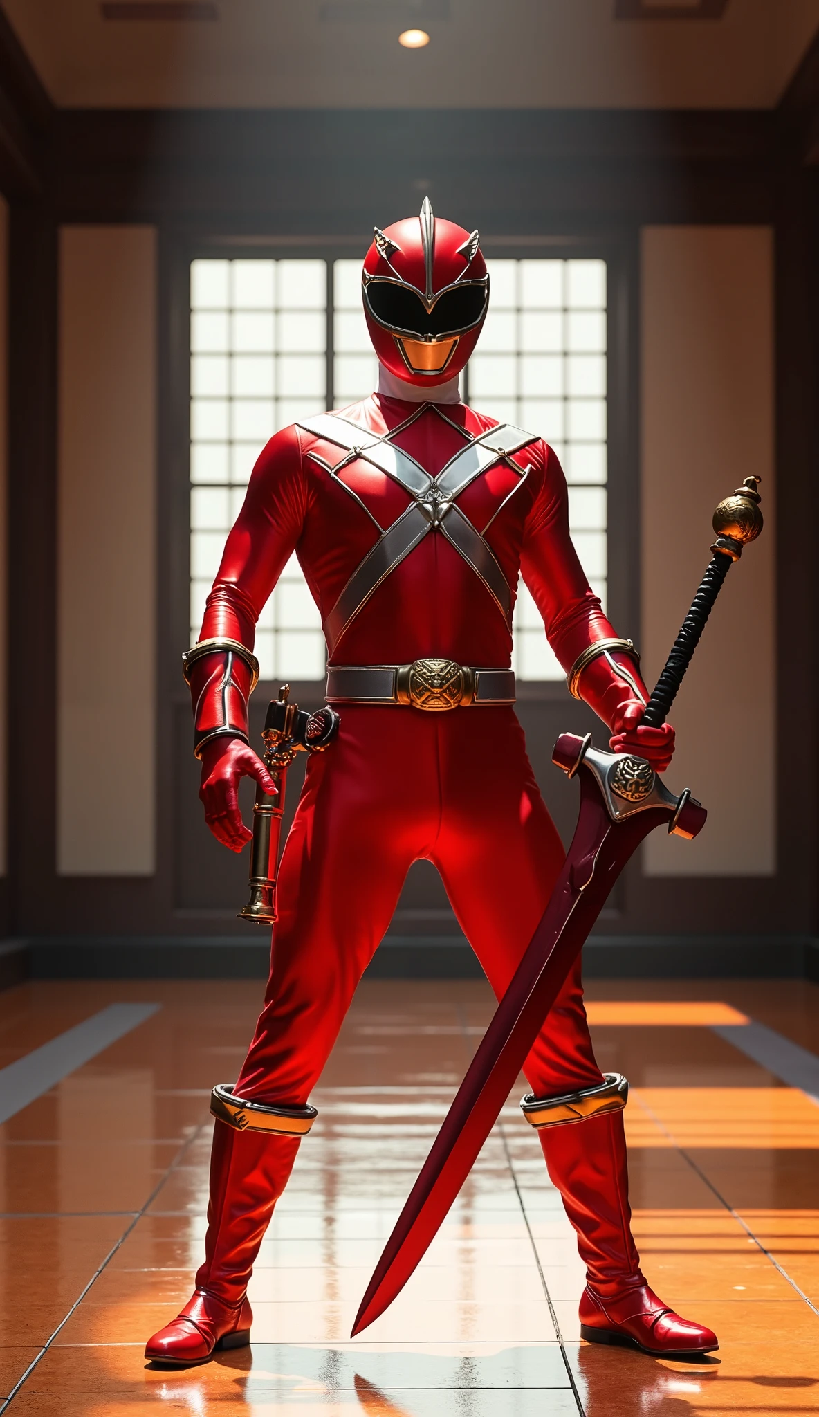 G1 Red Power Ranger, wield his red theme sword, epic position with sword by his body poiting up, background is a dojo,