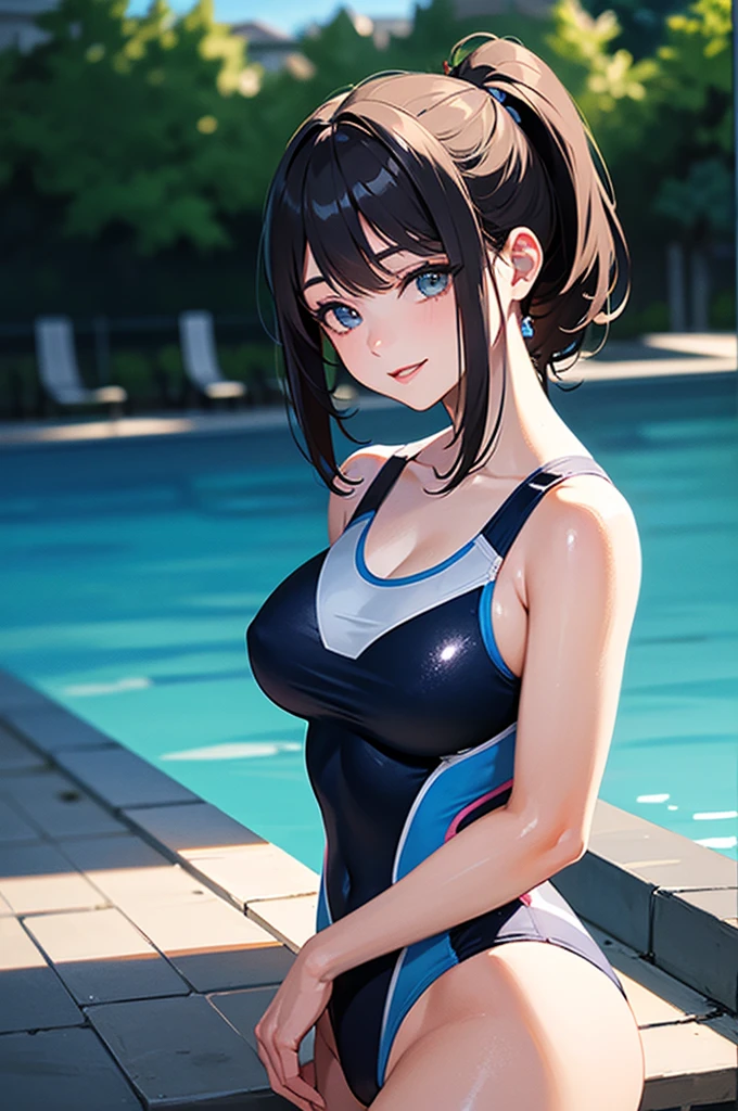 (((masterpiece))),(((High resolution))), (((perfect face)))、(((Japan beauty)))、15 years old, (((swimsuit))), ((top quality eyes)), detailed texture, ((high resolution face)), (at the swimming pool)
