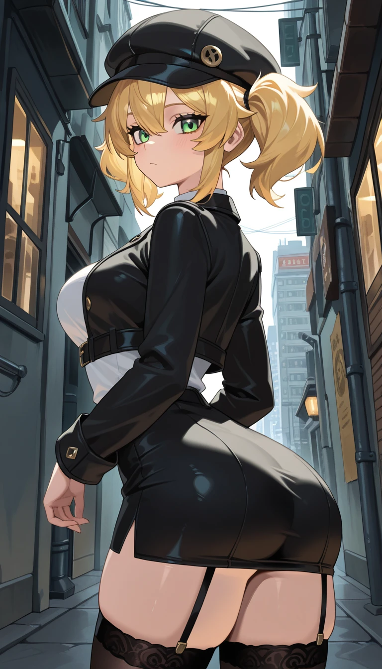 (masterpiece:1.2, best quality:1.2, beautiful, high quality, highres:1.1, aesthetic), detailed, extremely detailed, ambient soft lighting, 4K, perfect eyes, perfect face, perfect lighting, solo, 1girl, makima, collared shirt, black tie, black pants, big ass, wide hips, back view, ass, looking at viewer