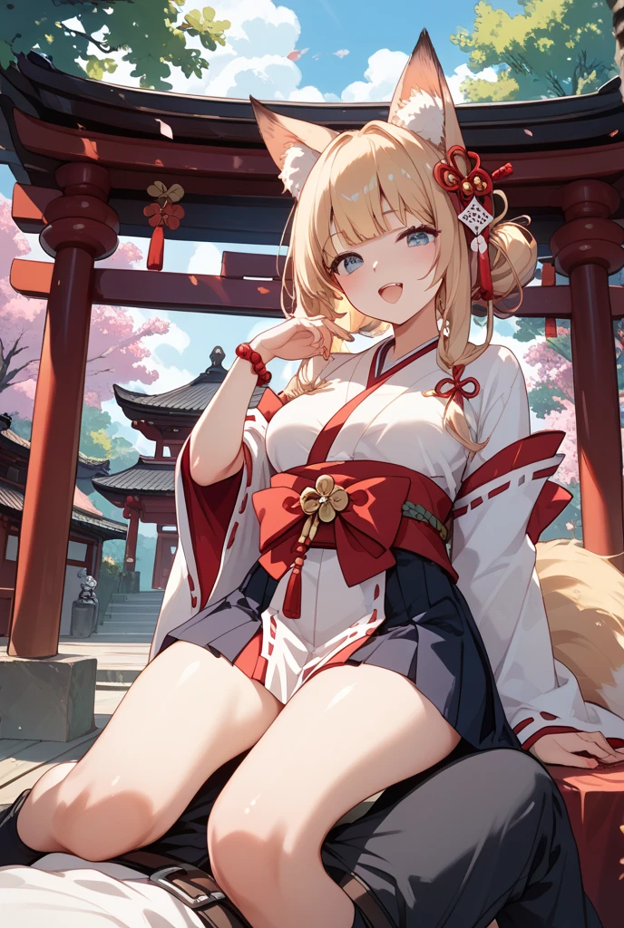 masterpiece, highest quality, Very detailed, 16k, Ultra-high resolution, Cowboy Shot, One 14-year-old girl, Detailed face, Perfect Fingers, Fox Ears, tail, Golden Eyes, Blonde, Long Hair, Red kimono, White panties, japanese mansion, wooden building, Japanese garden, Ishigaki, Gravel road, Big Stone, Plants, Go out to the garden, Lie down