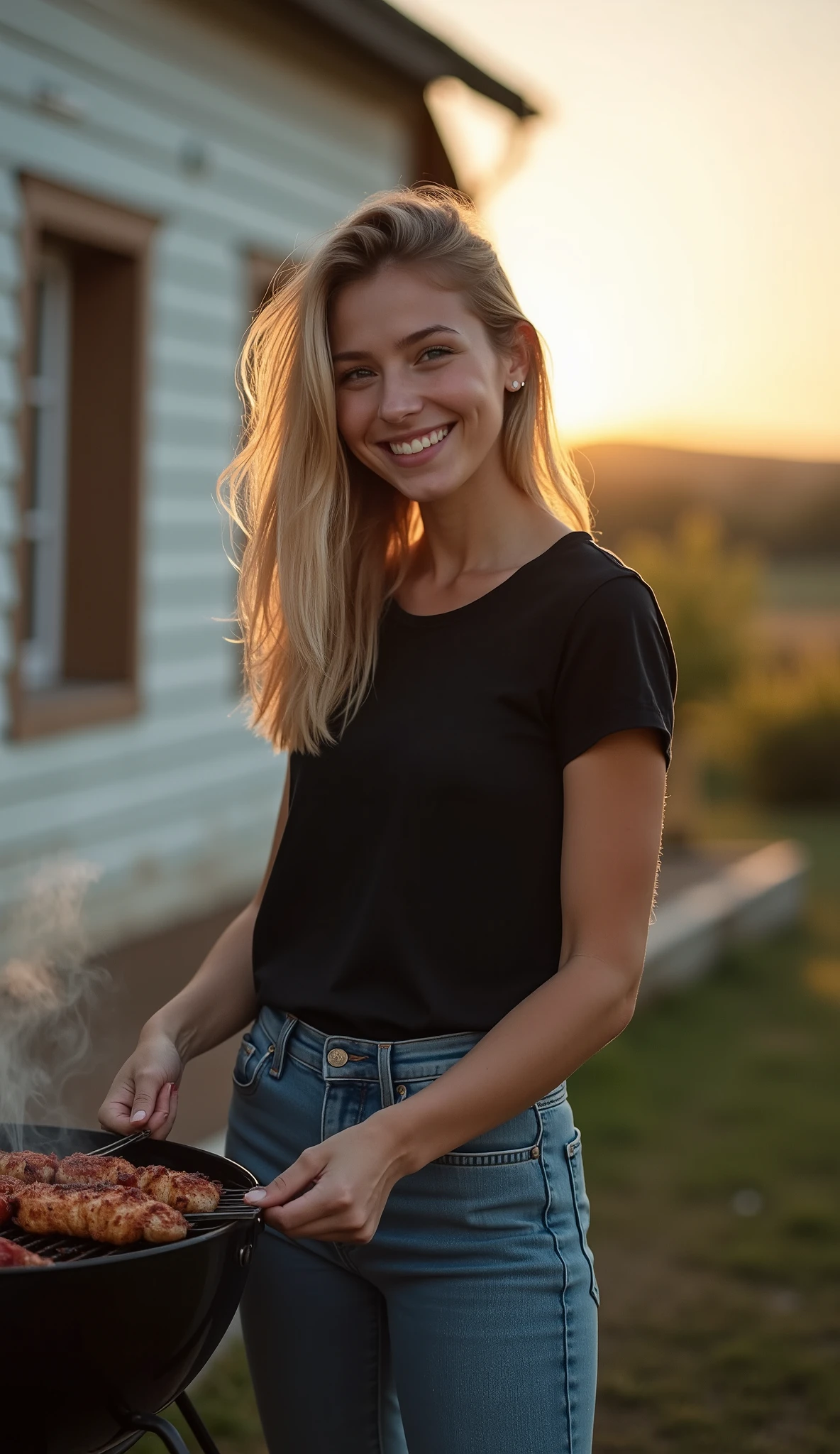 A blonde 18-year-old woman against the background of a country house with light trim, cooking a barbecue, smiling, in a black T-shirt and jeans, high-quality photos, evening.