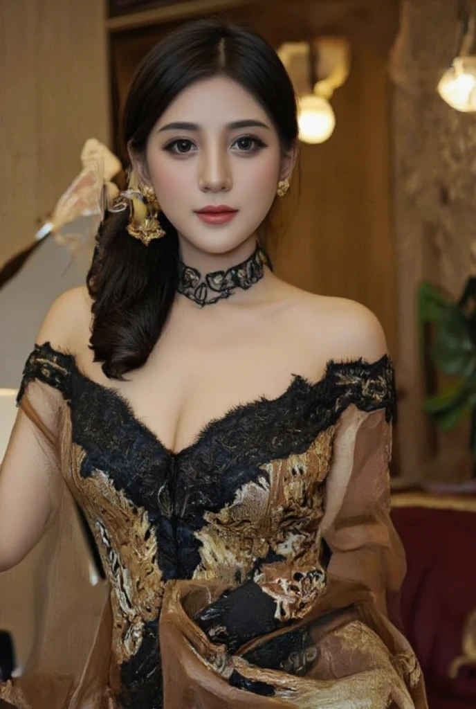 Detail 8k wallpaper, masterpiece, best quality, High detail, Best image quality, super detailed, high resolution, Very detailed, Best quality, (RAW photo:1.5), (Photorealistic:1.5), Beautiful detailed girl, Very detailed eyes and face, Beautiful detailed eyes, Masterpiece, fair skin, hazy beauty, very detailed facial, detailed skin structure, perfect anatomy, ((perfect body)), Beautiful detailed whole body, ((big breasts)), ((cleavage)), ((slim waist)), ((smile: 1), (seductive look, soulful eyes, glowing eyes), (((Princess)), ((closed collar dress)), ((black and yellow thin lace dress)), ((detailed clothes)), ((traditional clothes)), (Alluring)), (((See Through))), (((Transparent))), ((G string)), ((Intricate details)), (((detailed dress))), (palace, light, Red carpet), ponytail, lipstick, earring, necklace, crown, looking to viewer