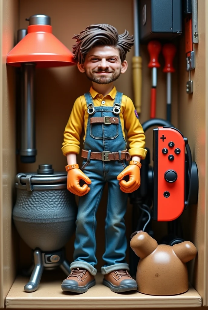 Pixar-style electrician on top of a ladder with a gray helmet on his head and yellow Pixar-style pliers in his hand 
