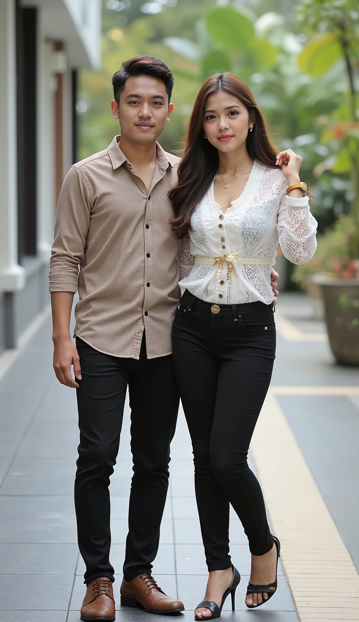 an Indonesian man and an Indonesian woman standing next to each other, an image, inspired by Adam Dario Keel, which is trending in the cg community, a handsome young Indonesian man with a beautiful young Indonesian woman with tangled hair, a man dressed in a shirt with shoes and a woman dressed in a blouse and black skinny jeans and heels. singer, movie screencap, model elisajes from acquamodels