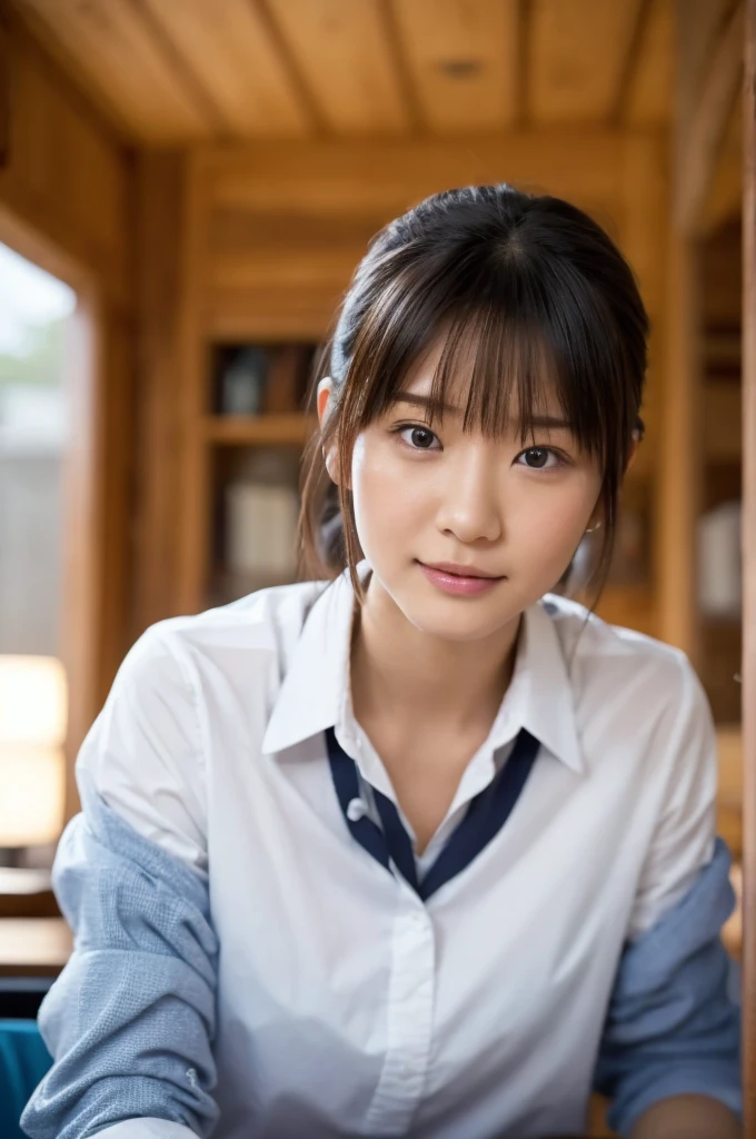 (Highest quality,masterpiece:1.3,Ultra-high resolution),(Very detailed,Caustics,8K),(Realistic:1.4,RAW shooting),(School classroom),(Girl resting her chin on the desk),Sit on a chair,18-year-old,cute,Japanese,Looking into the camera,Black hair ponytail,Sailor suit,(The light coming in from the window illuminates the girl:1.1),(Curtains swaying in the wind),(Bust up shot),(Face Focus),(Face close-up),Low position,Low Angle,Natural light,Smile,