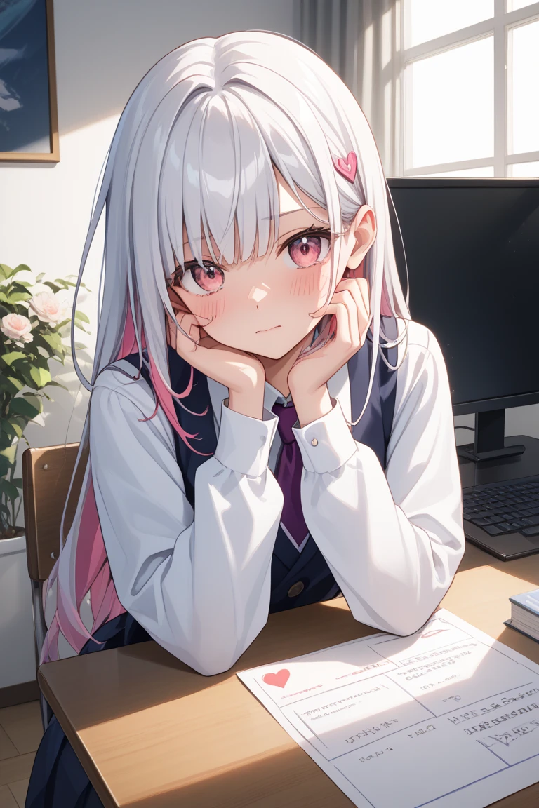 White hair mixed with light purple、long hair、red and red-purple odd eyes、ephemeral、Looks smart、Upper grade elementary school students、baggy clothes、sitting on a lilac chair、girl