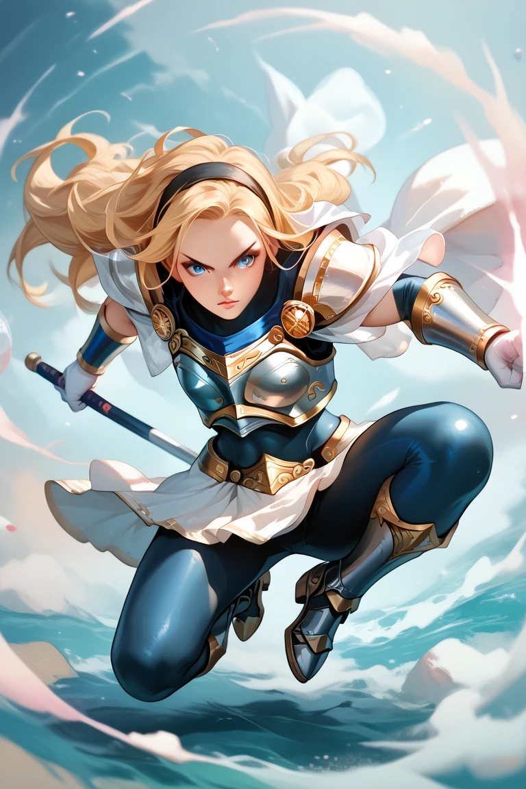 ((obra maestra)), La mejor calidad, absurdos, ultra detallado, Super hermosa dark magician gils con hermosos ojos verdes, hermoso cabello rubio brillante, Cola de caballo alta, Cuerpo agradable y sexy, Coming down from heaven in a beautiful fighting angel costume, With the most beautiful wings coming out of her back, lleno de luz y luminiscencia, Muy inmersivo, only one & Beautiful, Upper Angel