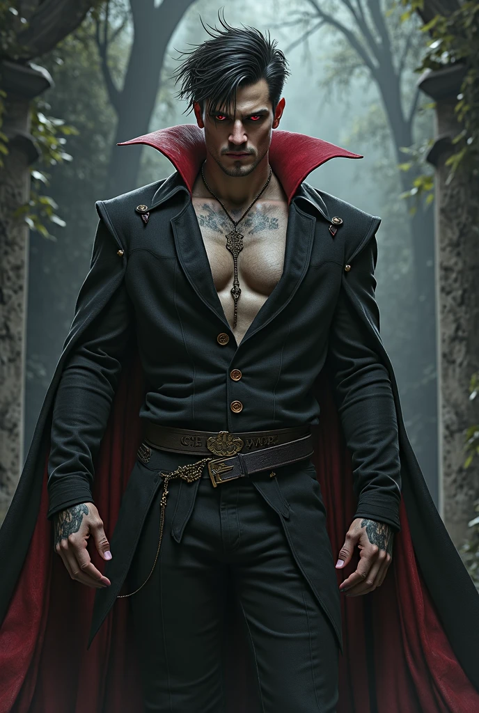 personagem masculino, Homem, dracula, vampiro, Olhos vermelhos, corpo magro e sarado, Calistênic body, sexy, anime 8k, bonito na arte demon slayer, coberto por uma capa, Nu sob o manto, pentelhos grandes e macios, muitos pentelhos, NFSW, sem censura, coxas malhadas, lingerie por debaixo da capa, Harem of men in the background