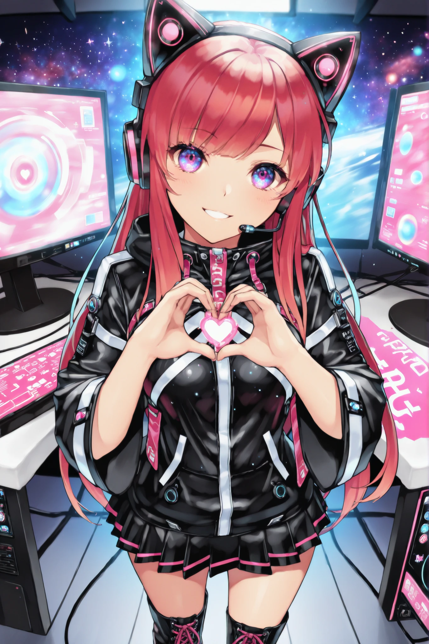 A beautiful woman (nice curves), with long red hair with pink tips and bright purple eyes like galaxies, (eyes rich in detail), (eyes detailed), wearing a futuristic black outfit with bright blue details on the sleeves. She wears cat-ear headphones and a headset microphone. Her outfit includes a stylish, short jacket with wide sleeves, a pleated skirt with white stripes and black lace-up boots. She makes a heart with her hands near her face (close-up from the waist up) smiling warmly, in a room with a gaming computer in the background, on the monitor it says iJessy in cute pink letters. The art style is detailed and colorful, with soft dynamic lighting and slightly 3D anime shading, in high resolution , ((masterpiece))