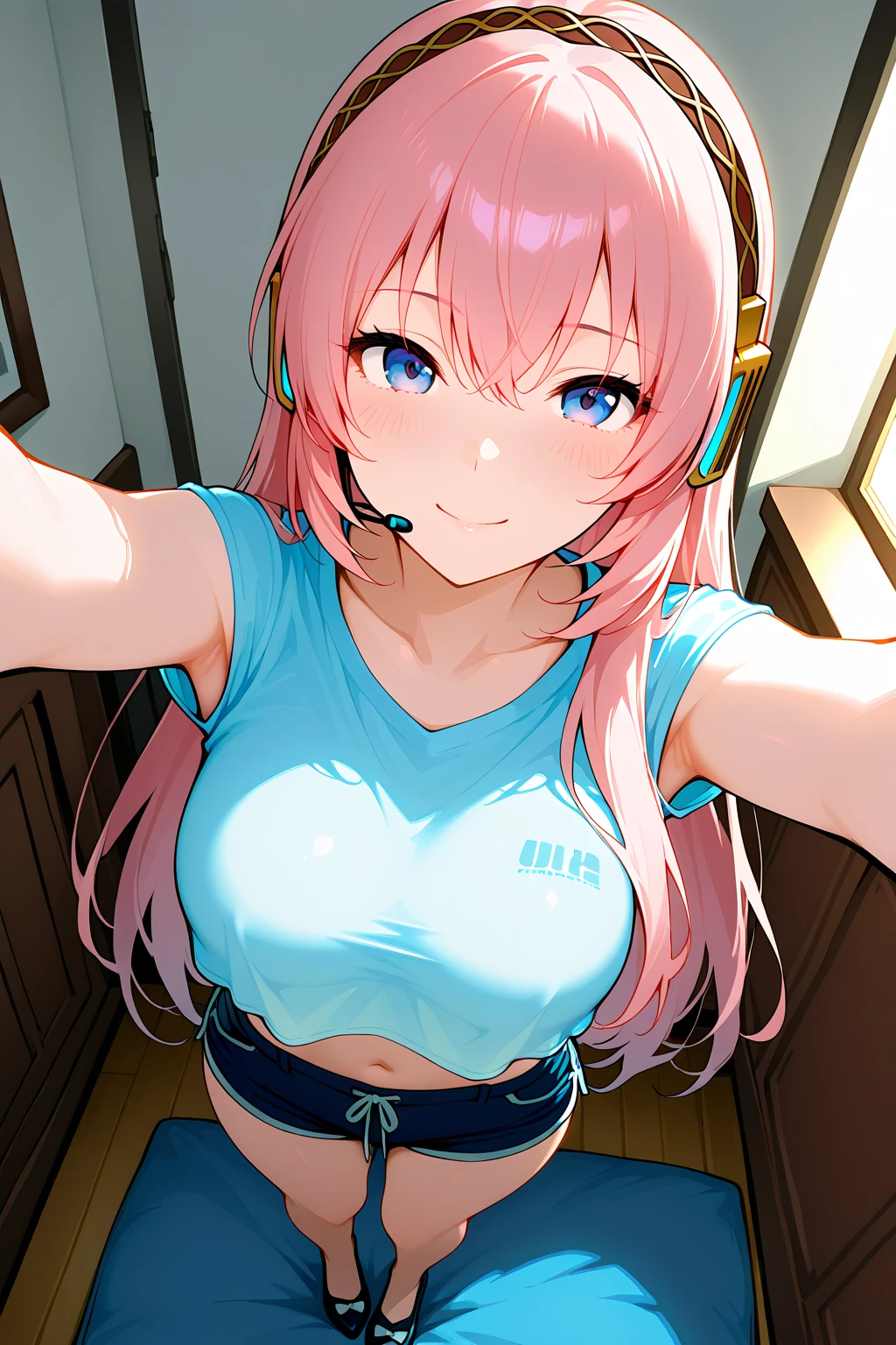 Anime girl in lingerie takes selfie with mobile phone,, wearing bra, mobile phone in front of covering face, one hand on own chest, lifted by self, shirt lift, white background, head out of frame, white background, navel, cowboy shot,