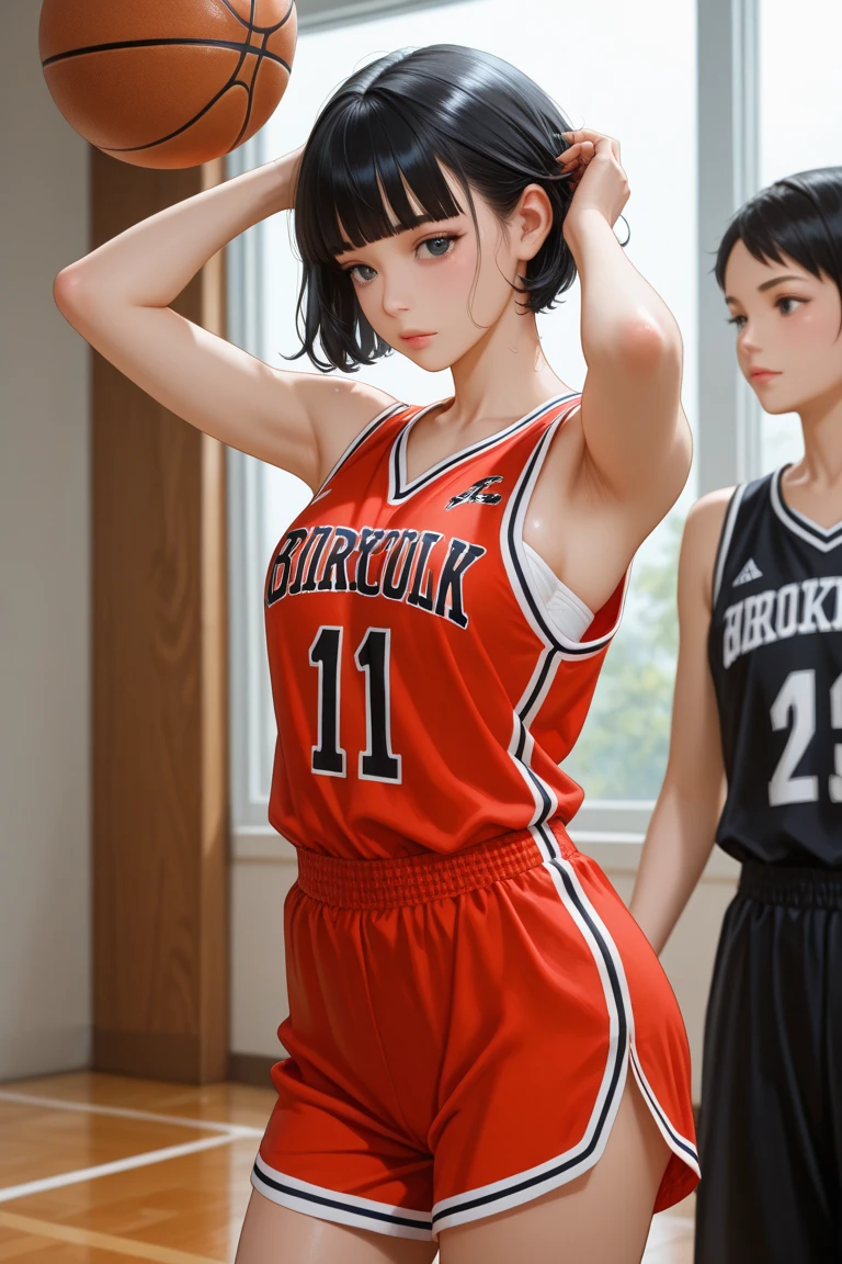 There are two women in the locker room..、Wearing an athletics uniform, Two girls in love, Rendered with sfm, Two beautiful anime girls, Inside the garment! Very detailed, ( ( 3D Rendering ) ), Realistic 3D animation, Ayami Kojima and Ryde Caldwell, Two Japanese female students posing, Surreal , Anime style 3D