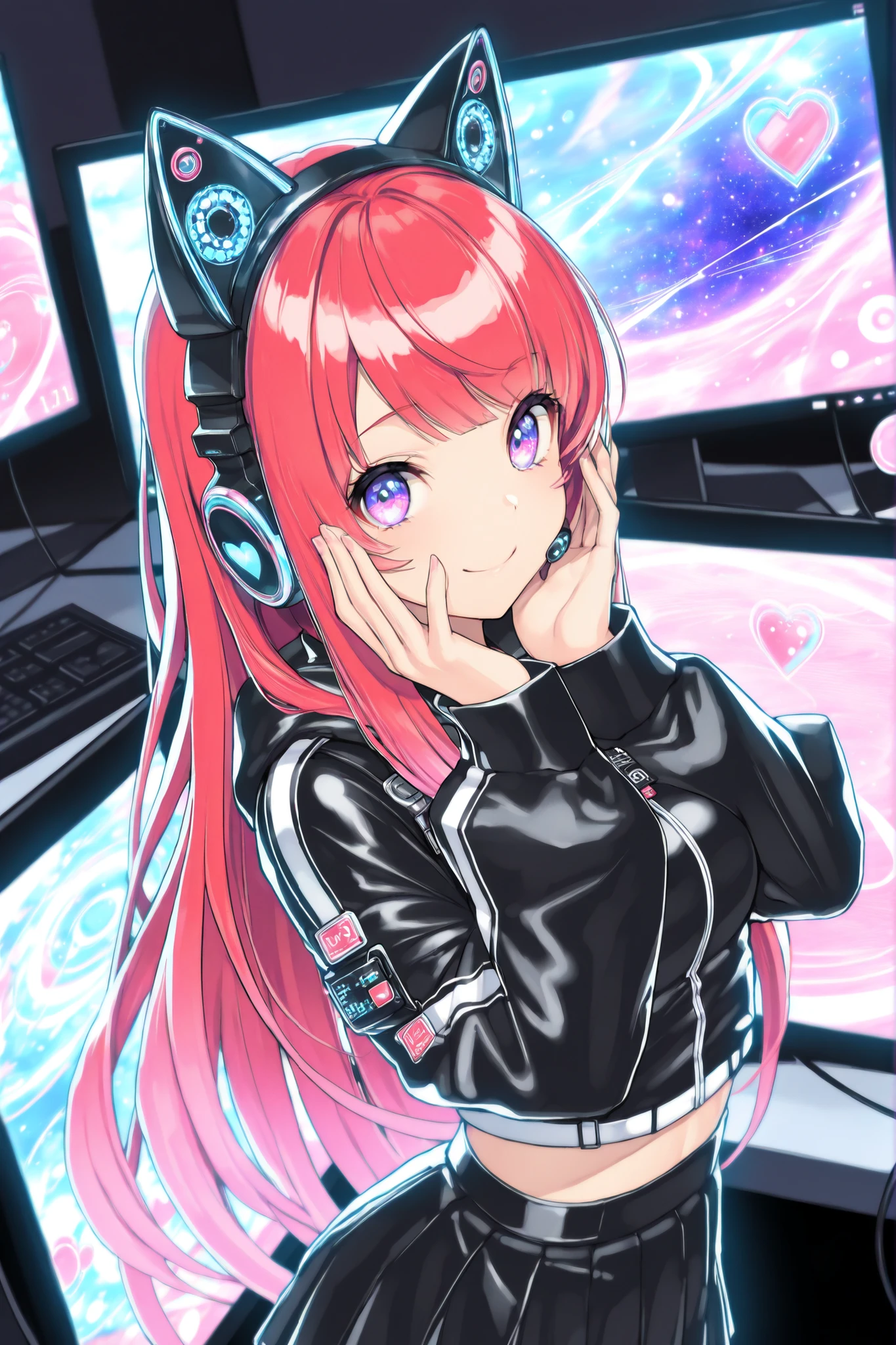  A beautiful woman (nice curves), with long red hair with pink tips and bright purple eyes like galaxies, (eyes rich in detail), (eyes detailed), wearing a futuristic black outfit with bright blue details on the sleeves. She wears cat-ear headphones and a headset microphone. Her outfit includes a stylish, short jacket with wide sleeves, a pleated skirt with white stripes and black lace-up boots. She makes a heart with her hands near her face (close-up from the waist up) smiling warmly, in a room with a gaming computer in the background, on the monitor it says iJessy in cute pink letters. The art style is detailed and colorful, with soft dynamic lighting and slightly 3D anime shading, in high resolution , ((masterpiece))