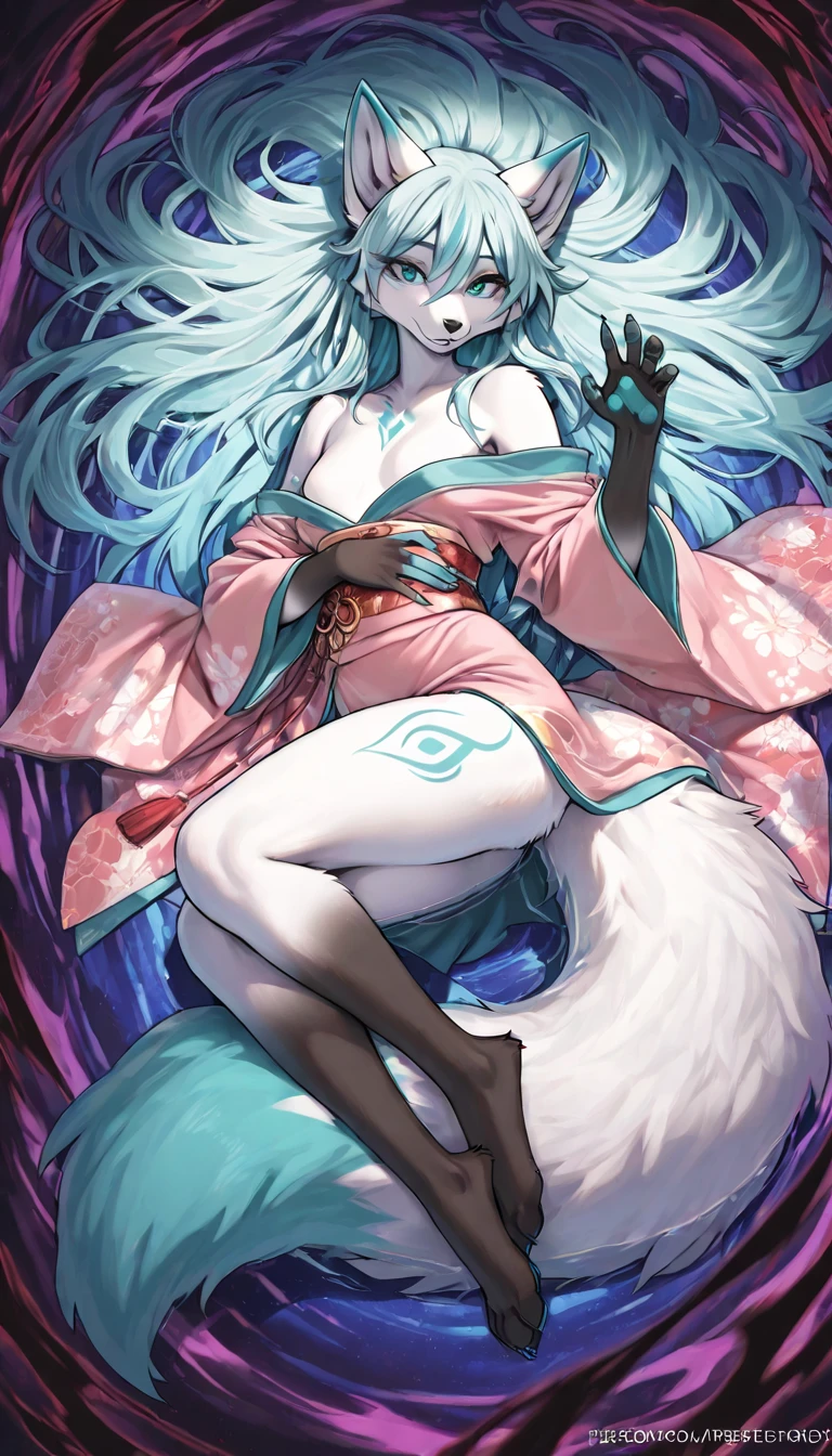 The best quality, Japanese Teen Hatsune Miku x Kitsune , fox face elongated snout add-detail, Surprise face, sweaty body, add heated_detail,, kitsune warrior in the forest add_detail:1, add barefoot_detail:1 mystical aura, lying in autumn leaves full body top view, traditional japanese kimono navel add_detail
