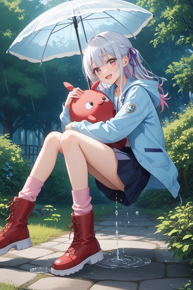((((highest quality)))), (((Ultra-precision CG 16K))), (((masterpiece))), (((Very detailed))), (((Extremely detailed))), (((Black outline:1.3, Written boundary depth:1.3 , Written soft outline))), Blur, Bokeh, Maximum clarity and sharpness,Multilayer Texture, Surface Shading, Cinematic lighting, Beautiful details sparkle ,Perfect Proportions, Limited to three woman, BREAK accurate, Anatomically correct, Highly detailed face and skin texture, drawn in detail, Highly detailed facial and skin texture, Detailed eyes, beautiful hair, Beautiful Japanese Idol face, Beautiful and beautiful eyes, Beautiful body, Beautiful breasts, Beautiful thighs, Beautiful legs, Beautiful fingers, (Beautiful views) , skinny body, ((Beautiful Skin)), ((Skin Texture)) BREAK breast enlarged, large Breasts, rocket breasts, slender waist, (blush, smiling:1.3,) BREAK (((white raincoat:1.3 , white rain boots, cover your whole head with the bare shaped hood of raincoat, cyberpunk , school uniform:1.3, midriff peek, button up))) , wearing earrings, BREAK ((( a girl bent over , hands between legs, rainbow, sunny rain , hydrangeas, frog, stick breast out))),(serious, full body shot, long shot , from front:1.3 , from below:1.3,),
