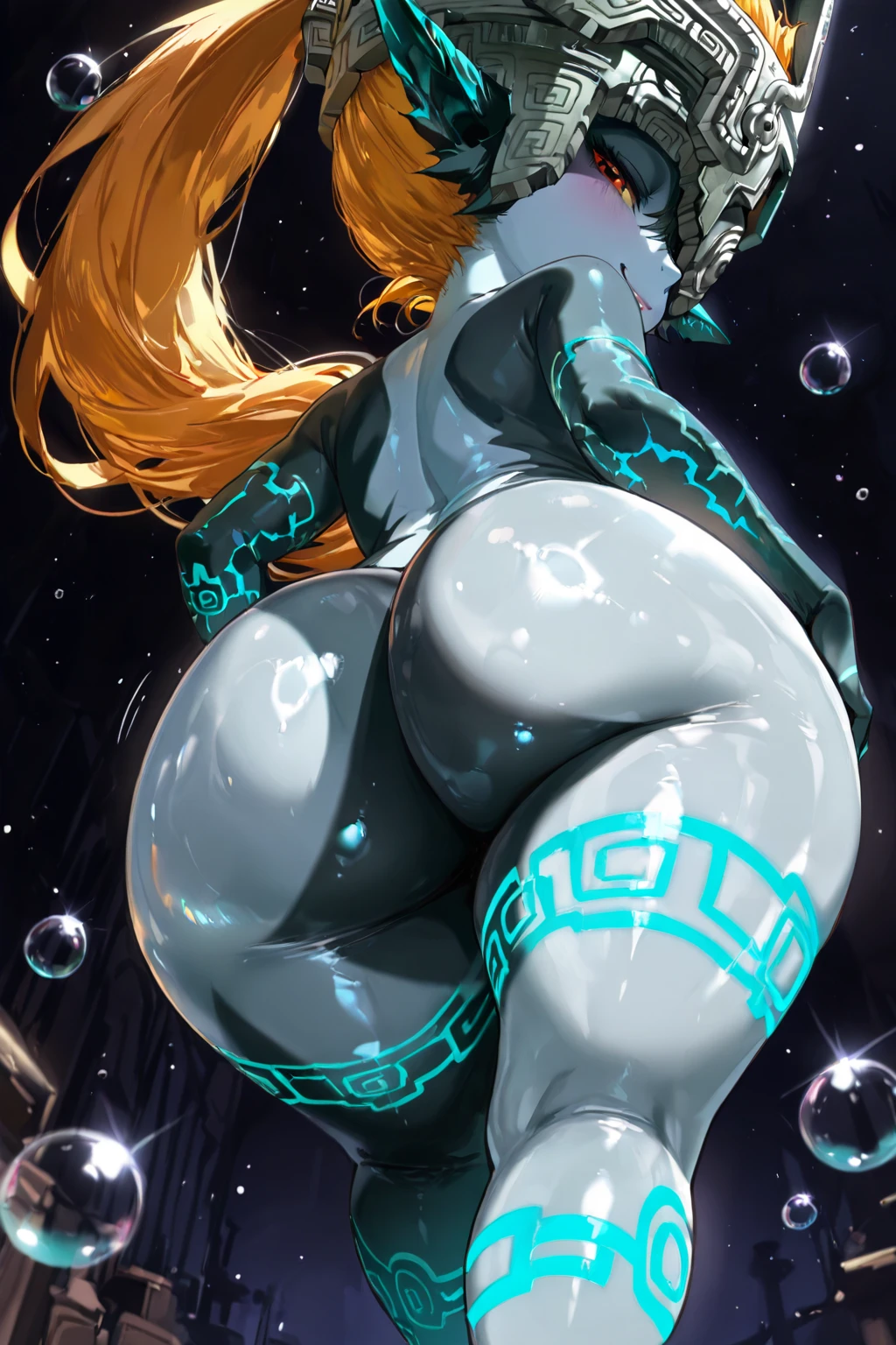 stunning, multicolored glass statue of a curvy chibi melanin woman with large, expressive eyes. The statue captures her in a playful pose on a jacuzzi wearing a swimsuit. The glass should have a mix of vibrant colors like blue, green, and orange, creating a kaleidoscopic effect. Light
