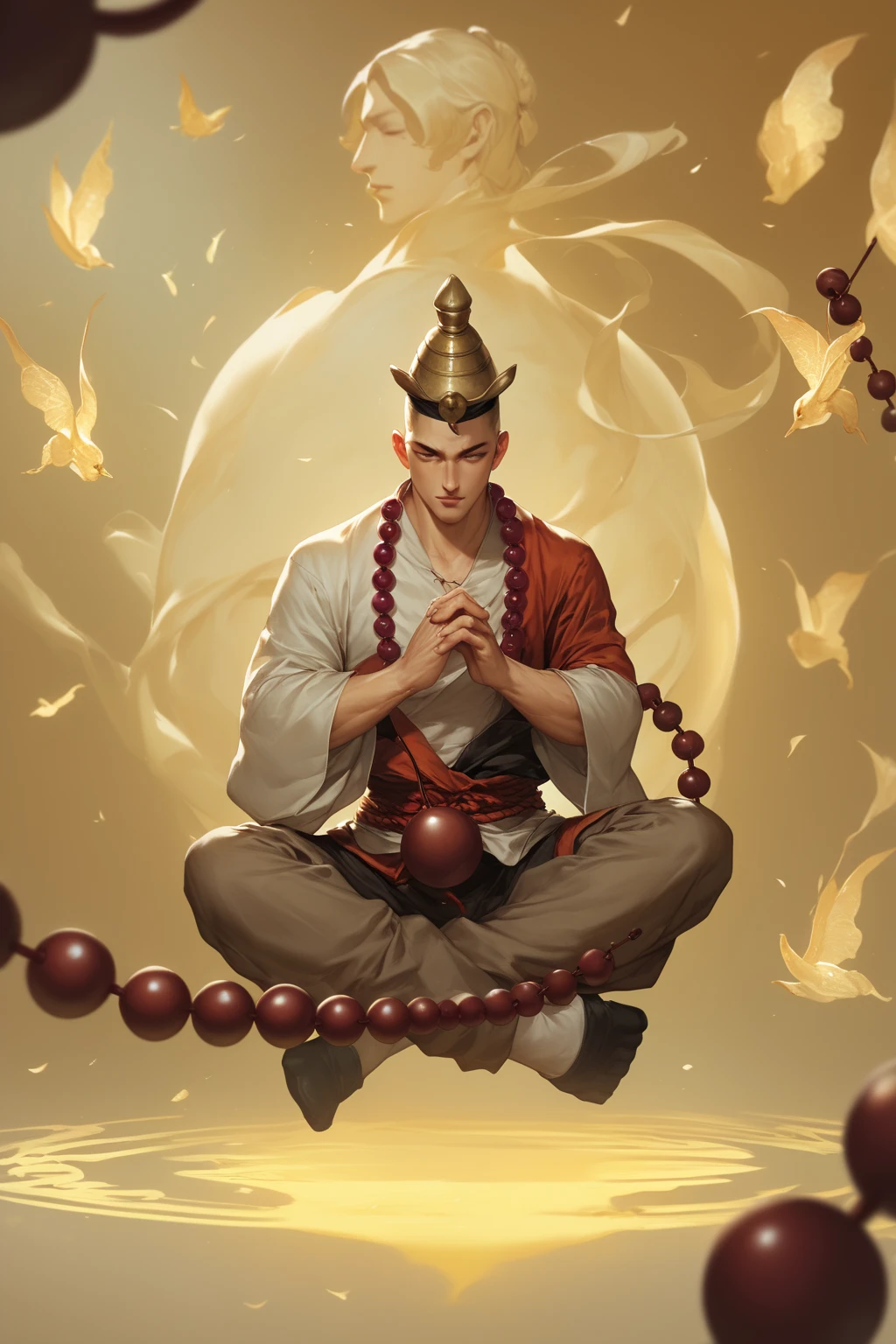 ascetic monk, Silver, Seductive smile, No background, White background, Male, Do zazen, floating, full body shot, smiling with eyes closed, third eye on forehead, scars all over the body