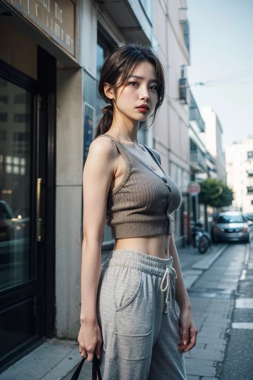 (best quality,4k,8k,highres, very huge breast, masterpiece:1.2),ultra-detailed,realistic,photorealistic:1.37,A girl overlooking the rainy streets of futuristic Tokyo with a sense of decadence in the air. The girl has long wet hair and is wearing ripped jeans and a tank top. Her skin texture is incredibly detailed and realistic. She stands next to a rusty and worn-out bicycle. The background is blurred, adding to the misty atmosphere after the rain.