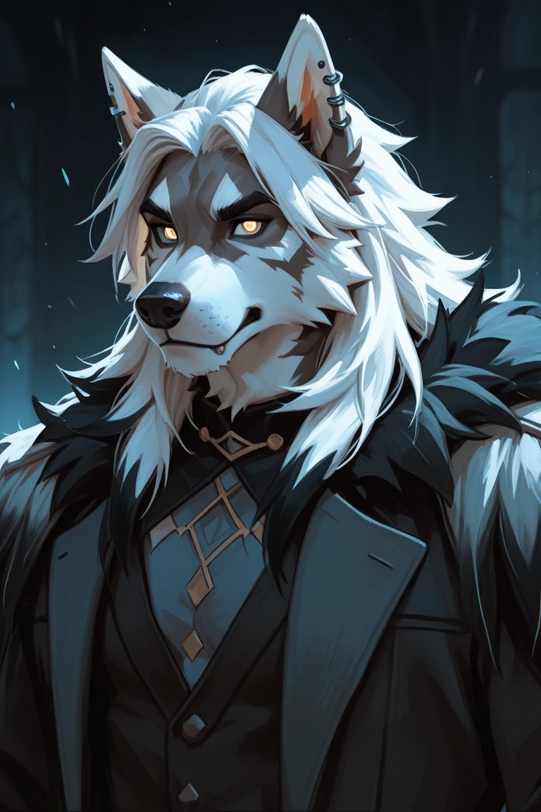 Top-down, close-up, cyberpunk, man-wolf, male, furry, solo, beard, fantasy world, dark background, clean design, epic Instagram, artstation, colorful paint splashes, silhouettes, ultra-detailed complex details, Unreal Engine, fantasy, complex details, splash screen, complementary colors, fantasy concept art, 8k resolution, deviantart masterpieces, oil paintings, heavy strokes, paint dripping, (isolated on white background: 1.3), rainbow skin, ((strong uncle))), ((teenage:1.5)), (glowing blue eyes), ((eyes with light)), (short white hair: 1.1))), ((black), (\\(indifferent expression\\), (wearing high-detail luxury black robe))), white hair, (pectoral muscles) --v 6