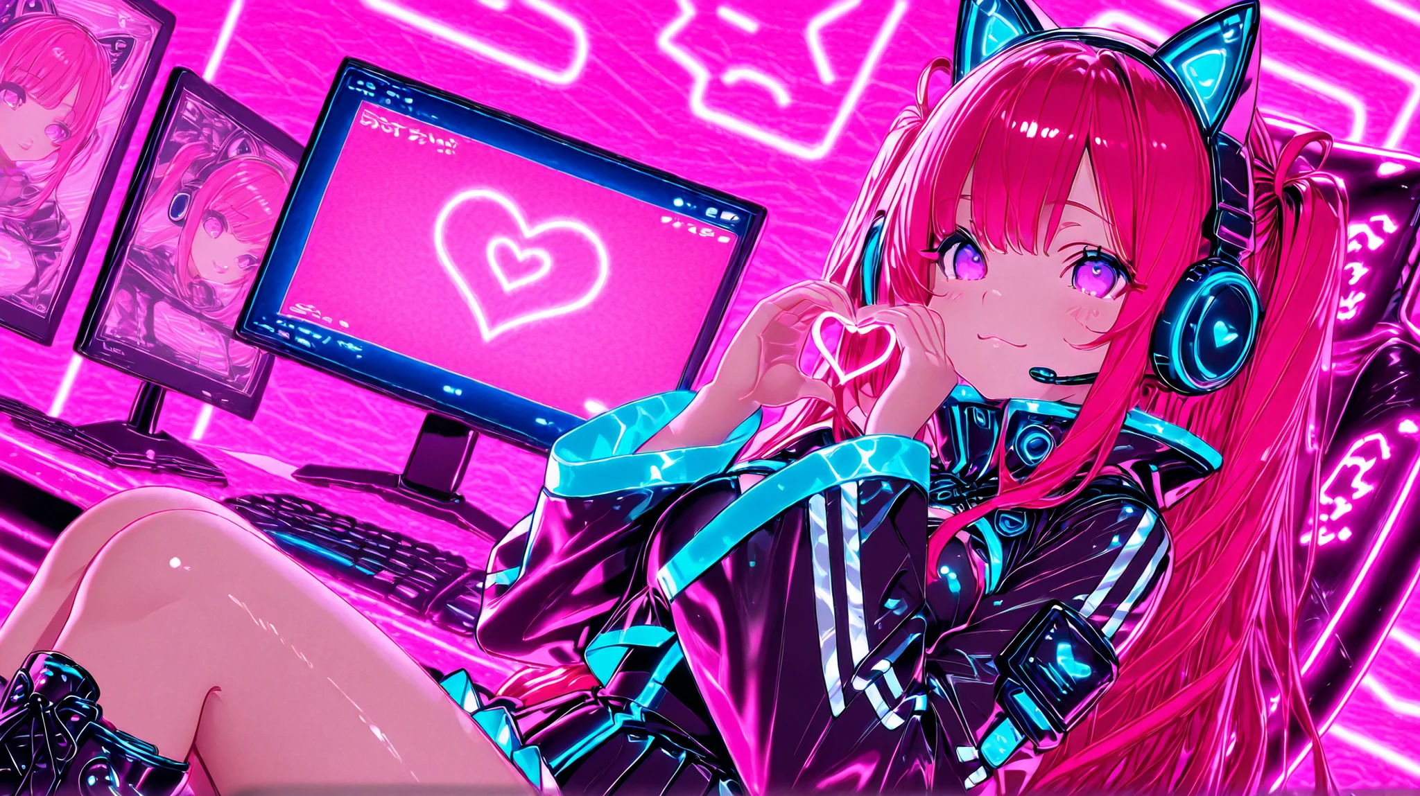A beautiful woman, (nice curves), with long red hair with pink tips and bright purple eyes, (eyes rich in detail), (eyes detailed), wearing a futuristic black outfit with bright blue details on the sleeves. She wears cat-ear headphones and a headset microphone. Her outfit includes a stylish cropped jacket with wide sleeves, a pleated skirt with white stripes and black lace-up boots. She makes a heart with her hands near her face, (close-up from the waist up) smiling warmly. The background is a bedroom with a gaming computer in the background, written iJessy in cute pink letters on the monitor, the art style is detailed and colorful, with soft dynamic lighting and slightly 3D anime shading, in high resolution.