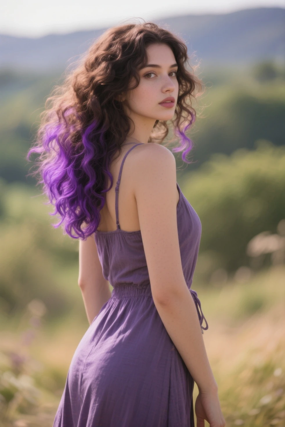 full body, wind, forest ray light, Alisabelle, (to8contrast style), (Woman:1), (pastel purple hair,  twin drills hair:1.36), flowing honeyed ginger locks, piercing green eyes, vintage-inspired dress, soft colors, delicate lace, classic elegance. Swing: wooden, rustic, gentle sway, carefree twists and turns. Countryside house: Dakota, vast fields, classic old USA feel, warm sunshine, gentle breeze, peaceful serenity. Photographs: stunning blend of vintage charm and natural beauty, timeless elegance, rustic simplicity, reminiscent of simpler times, carefree spirit, warm and peaceful, classic Americana, natural skin texture, hyperrealism, hdr, hyperdetailed, RAW photo, photorealistic, best quality, highres, realistic, 8k, caustics, dynamic light, beautiful and delicate lips, delicate fingers, detailed pupil, real human skin,