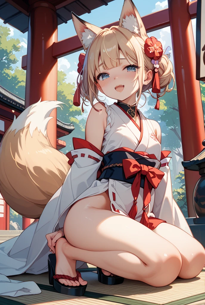 8k、Highest quality、high resolution、Small breasts、Nipples、Fox ears、Long blonde、Red Eye、kimono、Clothes falling apart、Japanese-style room、Grinning
