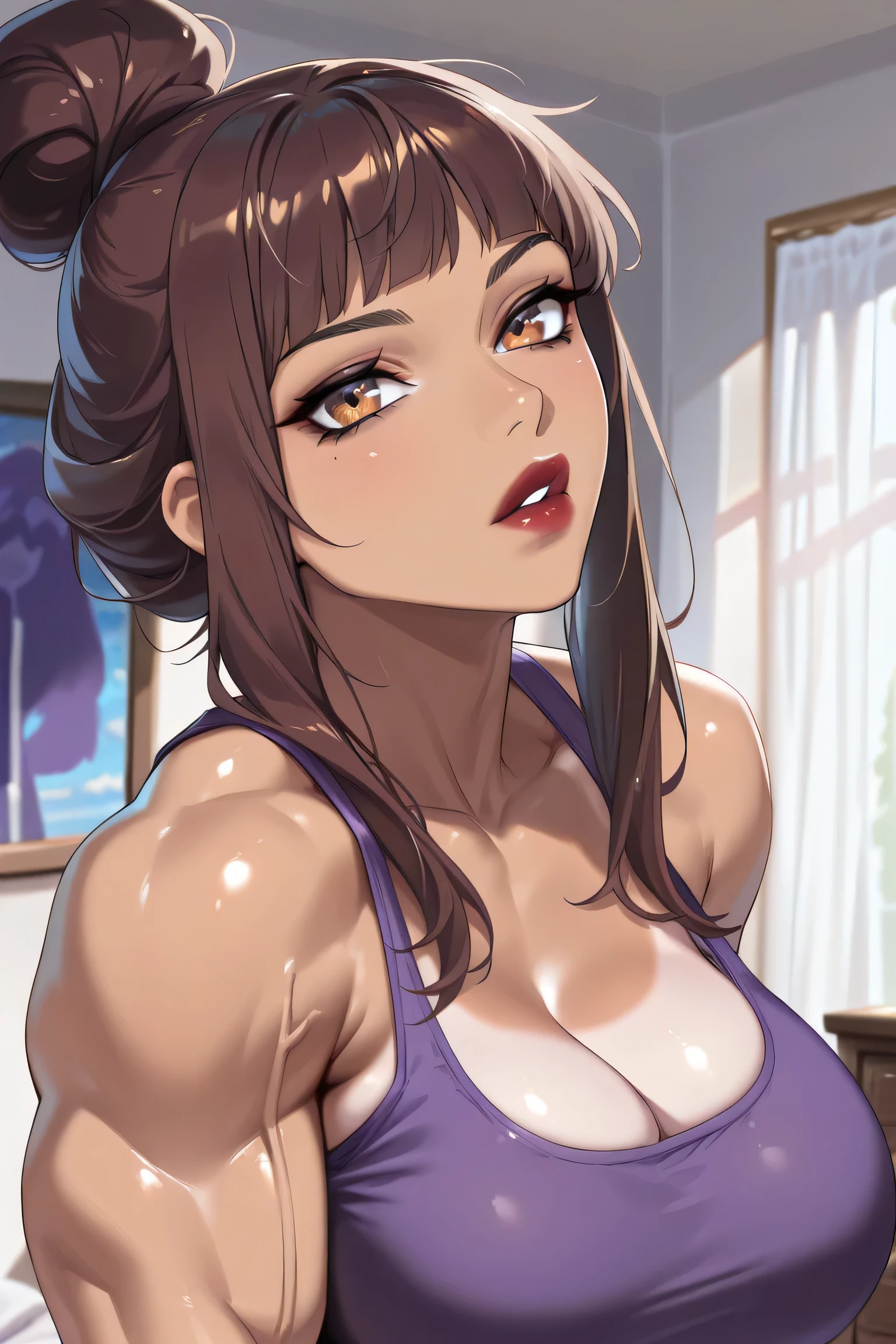 {8k image}, with intense rain,, 22-year-old russian girl,Raised sexy,drenched all over the body,clothes see-through:1.2,, d cup,Wet hair,The chest is huge, woman brown wavy hair and a ponytail. torn clothes. (pink summer tank top), damaged clothes, Cleavage, big breasts, exposed. {looking directly at the viewer}, {facing forward}, {perfect anatomy}, {image focused only on the face}, {face portrait}, livingroom background,