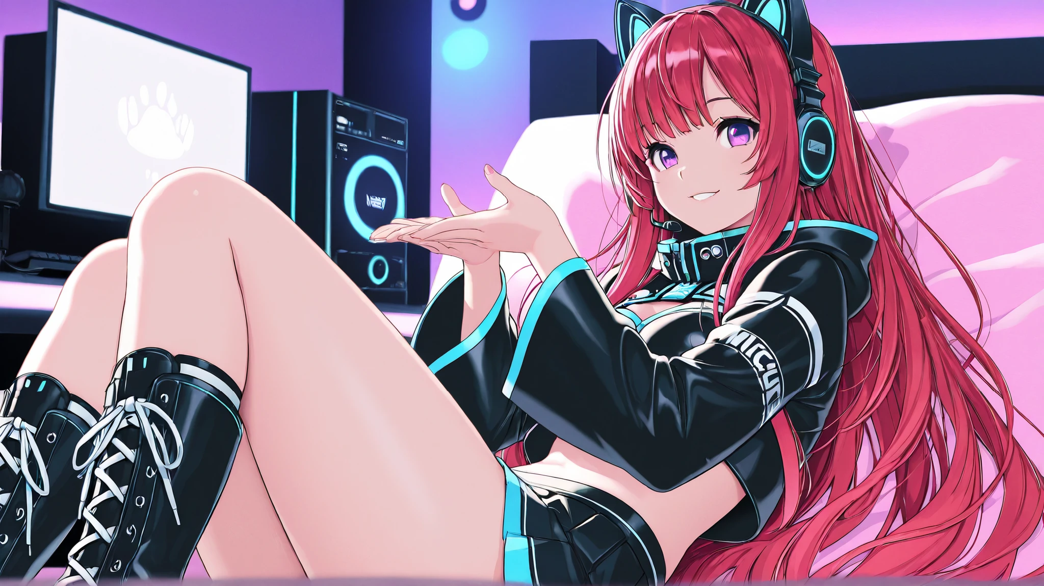A beautiful woman, (nice curves), with long red hair with pink tips and bright purple eyes, (eyes rich in detail), (eyes detailed), wearing a futuristic black outfit with bright blue details on the sleeves. She wears cat-ear headphones and a headset microphone. Her outfit includes a stylish cropped jacket with wide sleeves, a pleated skirt with white stripes and black lace-up boots. She makes a heart with her hands near her face, (close-up from the waist up) smiling warmly. The background is a bedroom with a gaming computer in the background. The art style is detailed and colorful, with soft dynamic lighting and slightly 3D anime shading, in high resolution.
