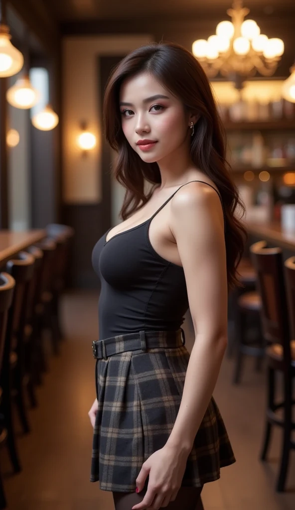 (from below:1.2),(from side:0.9), ((Face)), (Close-Up:0.4), masterpiece,"A 26-year-old girl stands at a bar counter. She is dressed in a stylish off-shoulder dress, sweater dress, off-shoulder sweater, red sweater,garter stocking, cleavage:1.1, midriff, black shorts, black thighhighs, thigh strap, pretty girl, (highly detailed beautiful face and eyes,firm breasts),real skin,((black,hair,long pony tail hair)),thin pubic hair,cute and lovely pose, detailed eyes, This masterpiece is only visually stunning but also tells,(double breasted:0.6,under bust:0.6),(with sparkling eyes and a contagious smile),open mouth. The bar is beautiful, with colorful bottles of alcohol in the background and a soft glow from neon lights. The atmosphere is relaxed, and the girl looks confident and fashionable.",full body, sexy pose,make a cocktail , in a bar counter, Looking at Viewer,
