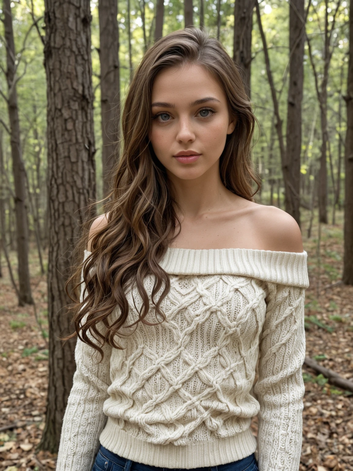 European girl with brown hair, blue eyes, long hair, beautiful face, pale face, beautifully styled hair, thin lips, rosy cheeks, stands in the winter forest, white shirt, brown corset, metal belt , brown gloves, brown pants with studs, fantasy look, fantasy cosplay, sexy young woman, realistic , beautiful succubus, grey eyes, (derevschikova: 1.4), beautiful alluring , perfect nose, ultra beautiful, with her long, perfect beautiful, realistic , epic beautiful, 8k, fuji xt3, not cropped, premium wide open city ” large dd cup breasts